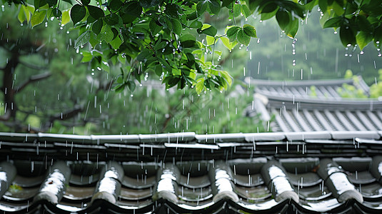大雨中绿树下古风精致的卡通屋顶图片
