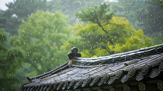 大雨中古风精致的卡通屋顶高清图片