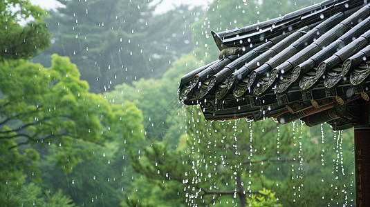 古风唯美的屋顶在大雨中高清图片