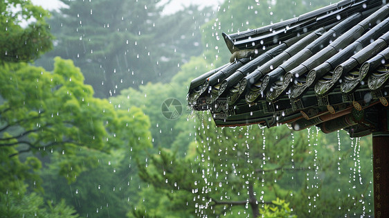 古风唯美的屋顶在大雨中图片