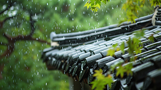 古风屋顶在大雨中高清图片