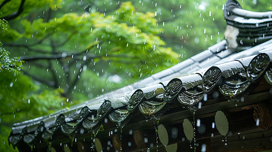 古风唯美的屋顶在大雨中图片