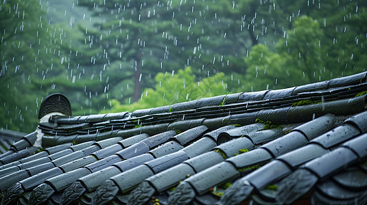 唯美的屋顶在大雨中图片