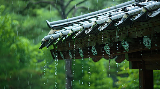 古风唯美的屋顶在大雨中图片