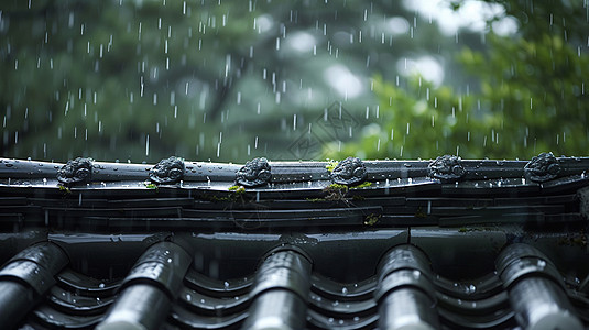 雨中青瓦古风特写图片