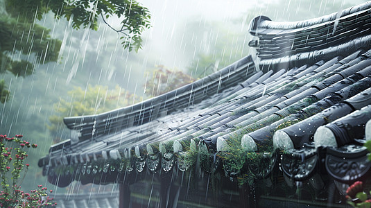 雨中的中国古风屋顶风景图片