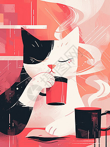 优雅喝咖啡的扁平风卡通小猫图片