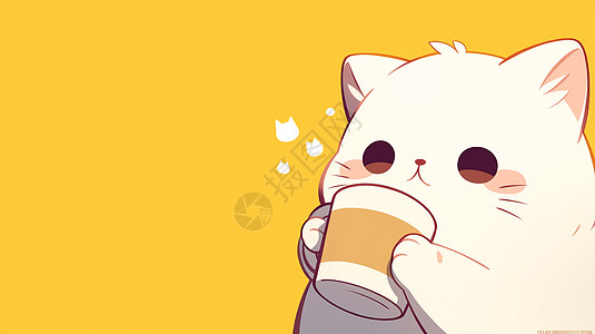 肥胖可爱的卡通小白猫在喝咖啡图片