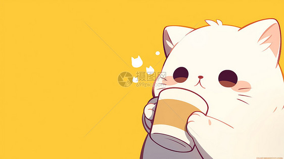 肥胖可爱的卡通小白猫在喝咖啡图片
