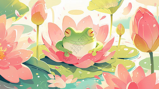 一只可爱的卡通小青蛙趴在粉色花丛中图片