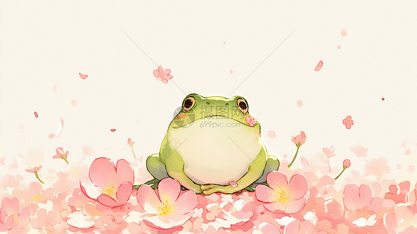 一只绿色可爱的小青蛙趴在粉色花丛中图片