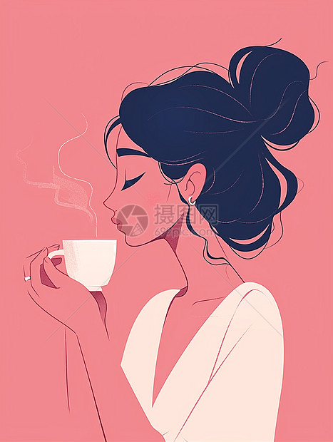 喝热茶的扁平风卡通女人图片