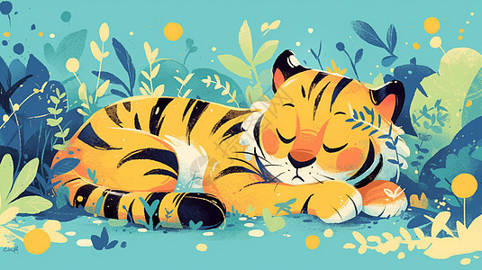 草地上认真睡觉的可爱卡通小老虎图片