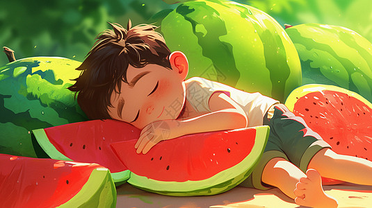 抱着西瓜在西瓜园睡觉的可爱小男孩图片