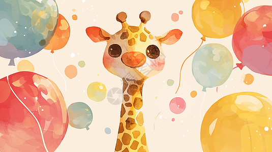 看着很多气球面带微笑的可爱卡通长颈鹿图片