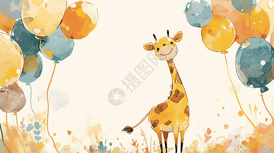 看着很多气球面带可爱卡通长颈鹿图片