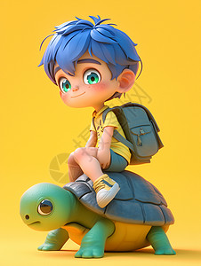 蓝色短发小男孩坐在大大的绿色乌龟上面图片