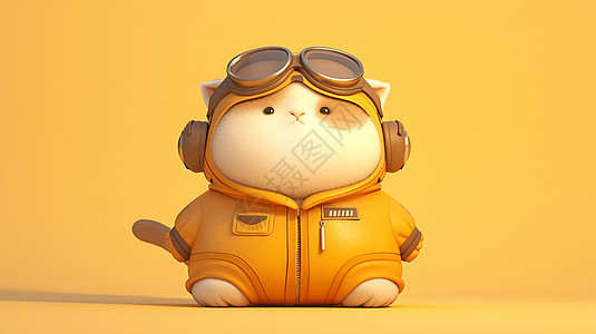 穿着橙色飞行员服装肥胖可爱的卡通小猫图片