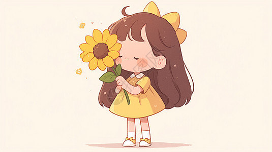 可爱的卡通小女孩手拿着大大的黄色花朵高清图片