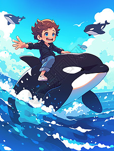 骑着虎鲸开心笑的卡通小男孩图片