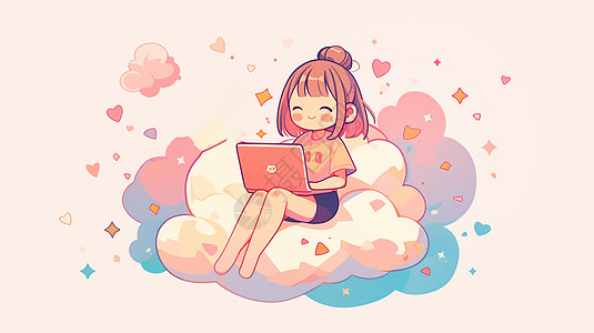 坐在云朵上看着电脑工作的卡通小女孩图片