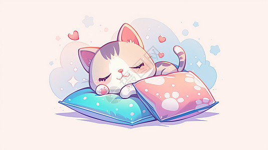 趴在软软的枕头上睡觉的可爱卡通小花猫图片