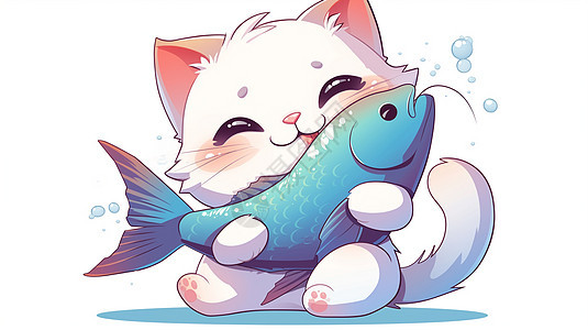 抱着大大的鱼的开心笑的卡通小花猫图片
