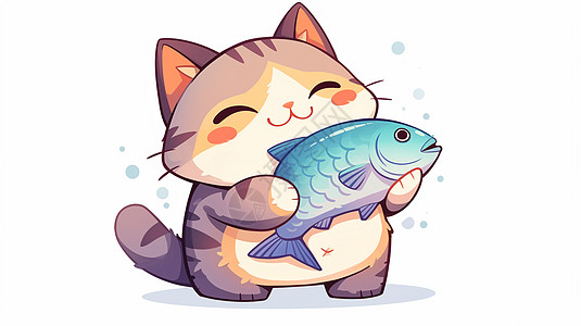 抱着大大的鱼的开心笑的卡通花猫图片