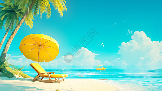 夏天海边一把休闲躺椅和一把黄色大大的遮阳伞图片