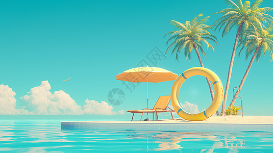 夏天海边一把休闲躺椅和一把黄色遮阳伞图片