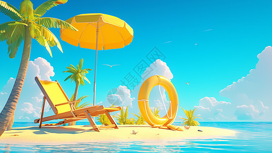 海边一把休闲躺椅和一把黄色的遮阳伞图片