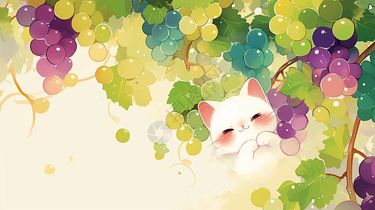 在葡萄园中的一只可爱的卡通小馋猫图片