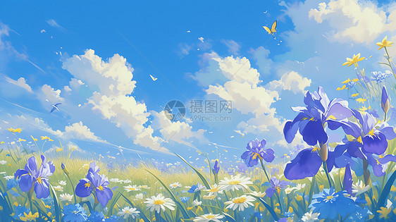 蓝天白云下一片紫色花朵图片