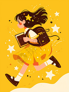 儿童走路穿着黄色连衣裙抱着书本的卡通女孩插画