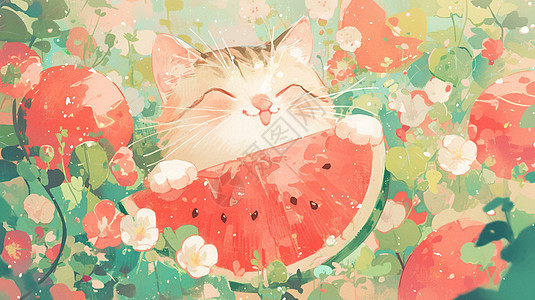 卡通小花猫在花丛中吃西瓜图片
