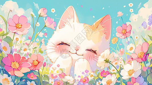 在花丛中一只可爱的卡通白猫图片