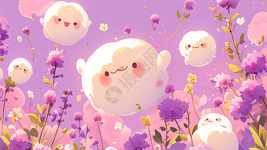 紫色花朵与可爱的卡通云朵图片