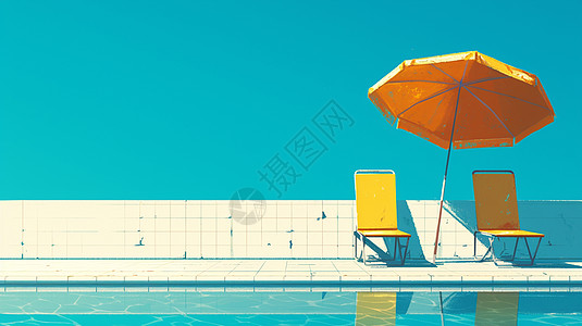 在泳池边一把黄色大大的太阳伞与两把椅子图片