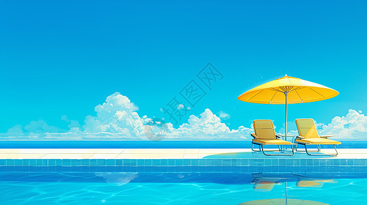 在泳池边一把黄色的太阳伞与两把椅子图片