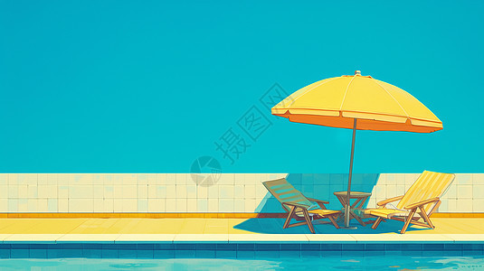 在泳池边一把黄色大大的太阳伞和两把椅子图片