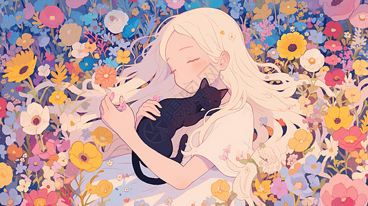 小清新漂亮的卡通小女孩抱着黑色卡通猫在花丛中睡觉图片
