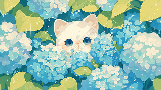 躲在花丛中的可爱卡通小白猫图片