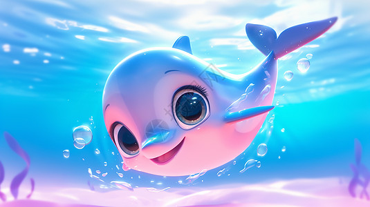 在大海中一个可爱的卡通小海豚在开心游泳高清图片