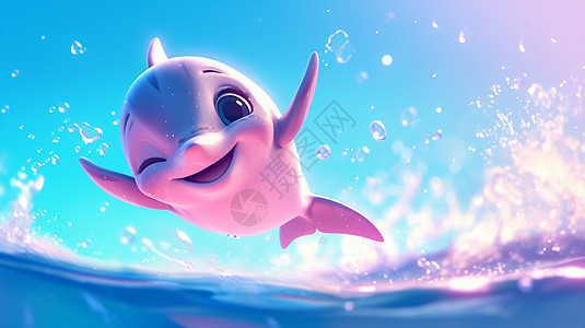 在大海中一个可爱的卡通小海豚在游泳图片