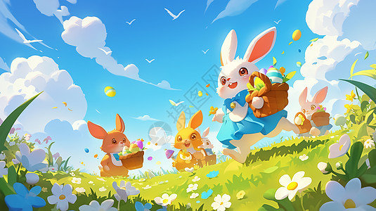 几只可爱的卡通兔子拿着竹篮在草地上玩耍图片