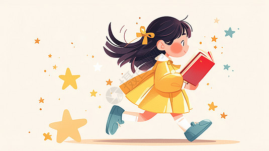 穿着黄色连衣裙的可爱卡通小女孩拿着书籍走路图片
