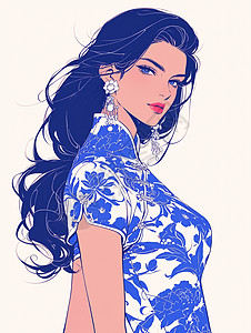身穿青花瓷旗袍的优雅的卡通女人图片