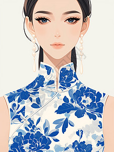 女性背景身穿青花瓷旗袍的卡通女人插画