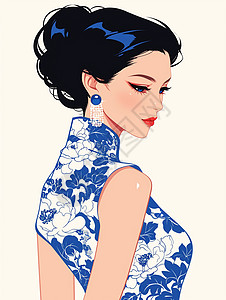 优雅美女穿青花瓷旗袍的优雅的卡通女人插画