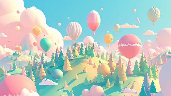 在梦幻森林上空飞着浪漫的热气球图片